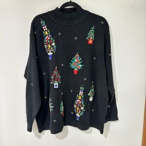 Victoria Jones Christmas‎ Tree Sweater Womens 2X Black Beaded | Kitschy Holiday
